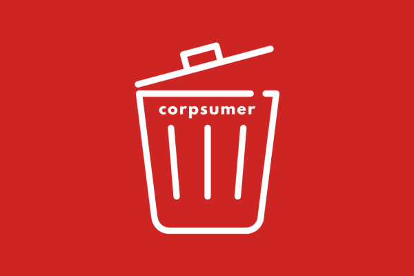 Illustration of an open rubbish bin with corpsumer written on it with a red background